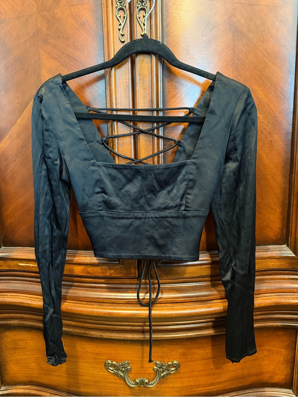Zara Black Long-Sleeve Square Neck Lace-Up Crop Top size XS